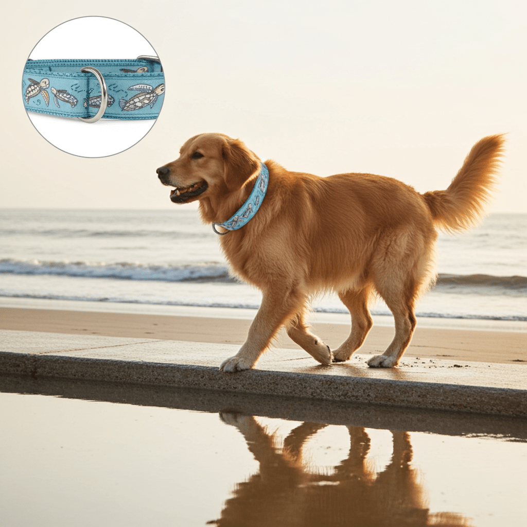 Dog running on the beach with the dog collar on his neck and a picture of the collar up close as well