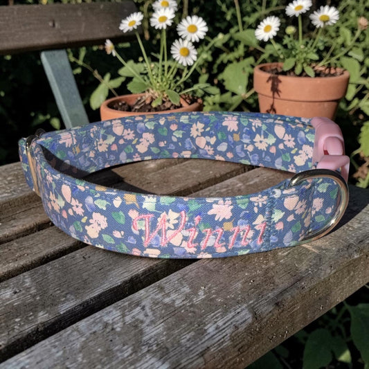 Delicate Flowers in the Blue Meadow Dog Collar - Dog Collars - Winni&Me Woofwear