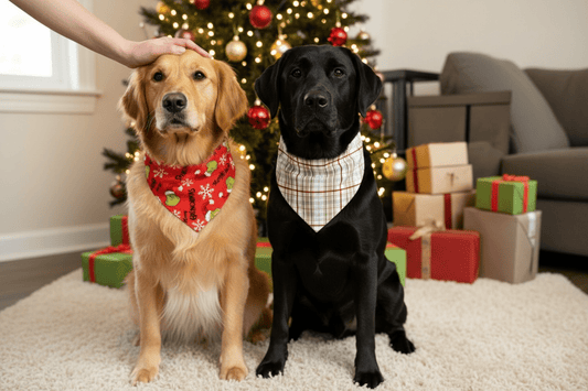 Winni&Me Woofwear Merry Grinchmas reversible dog bandana in red with Grinch print and classic Christmas plaid