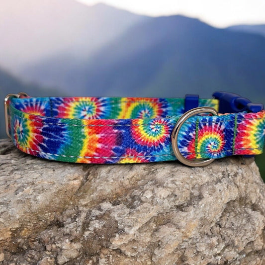 Rainbow Tie Dye Dog Collar: Reflective Stitching, Heavyweight Polypropylene