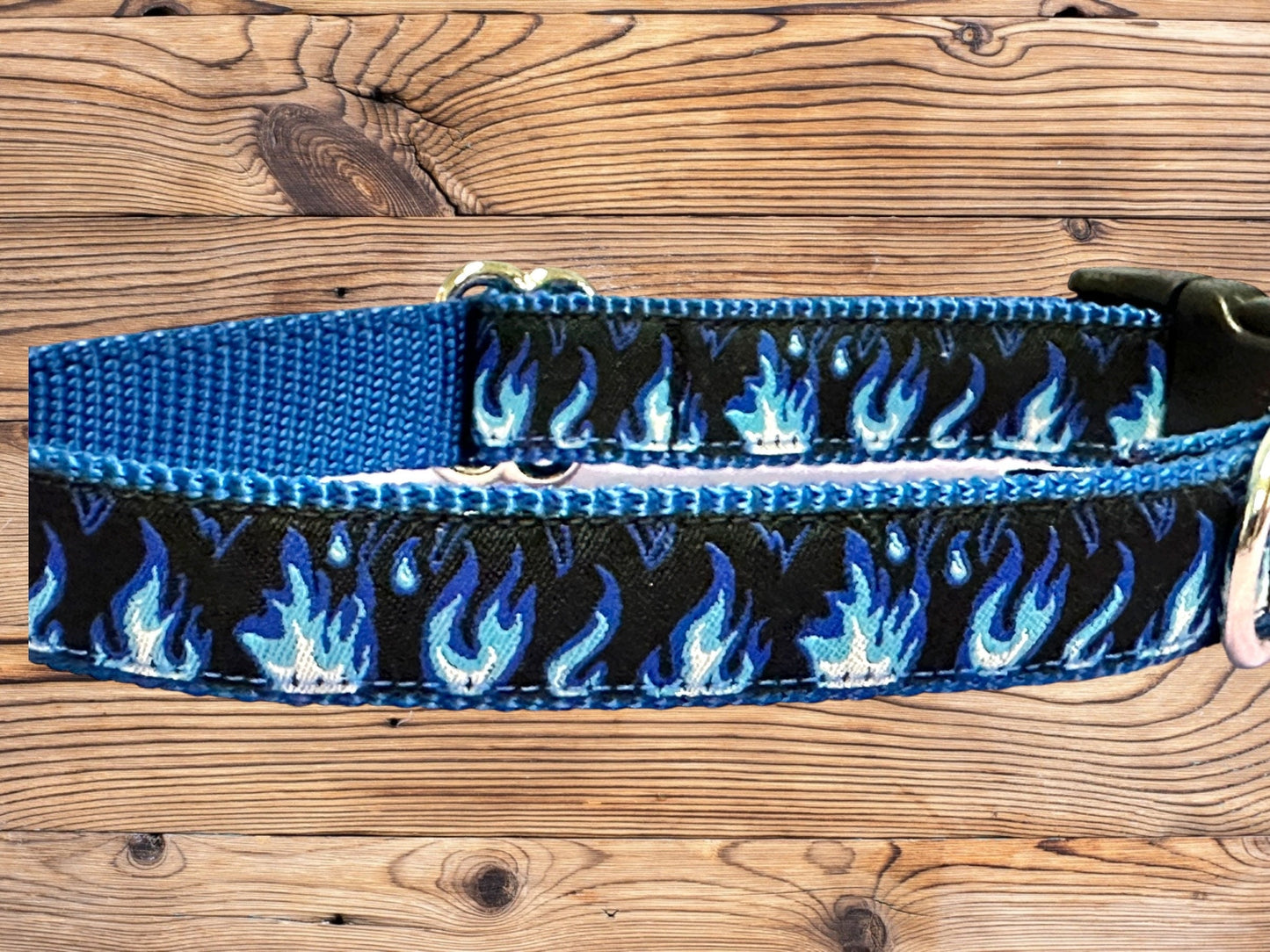 Blue Flames on Black Dog Collar