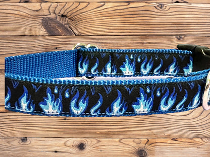 Blue Flames on Black Dog Collar