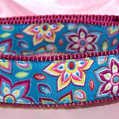 Turquoise Floral Dog Collar - Adjustable Quick Release Buckle