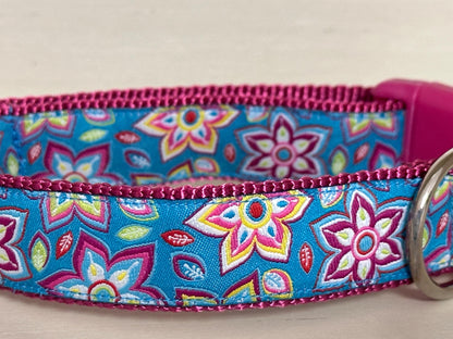 Turquoise Floral Dog Collar - Adjustable Quick Release Buckle