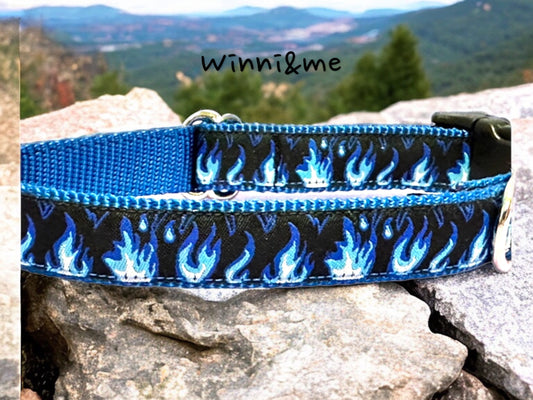 Blue Flames on Black Dog Collar