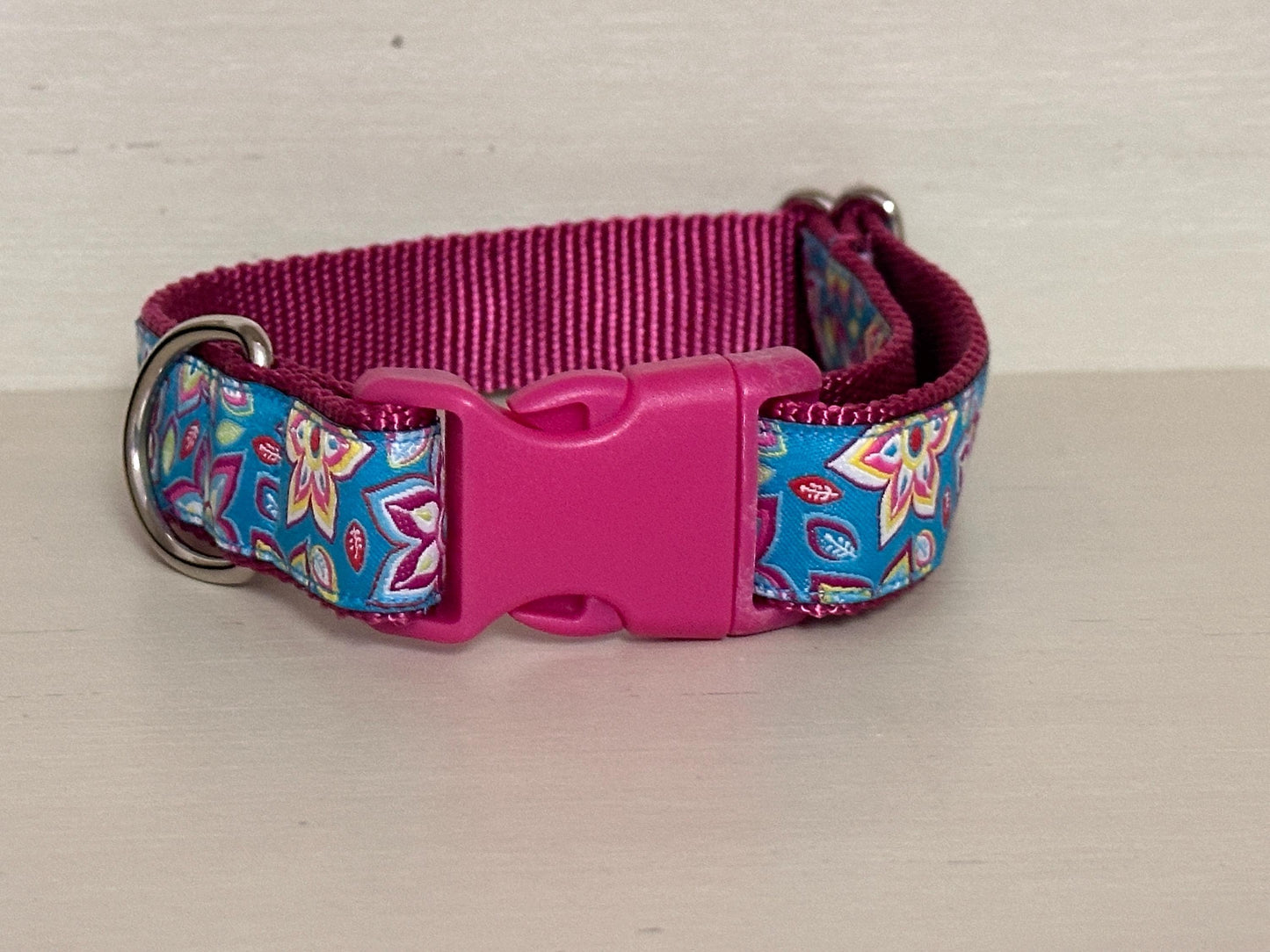 Turquoise Floral Dog Collar - Adjustable Quick Release Buckle
