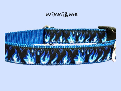 Blue Flames on Black Dog Collar