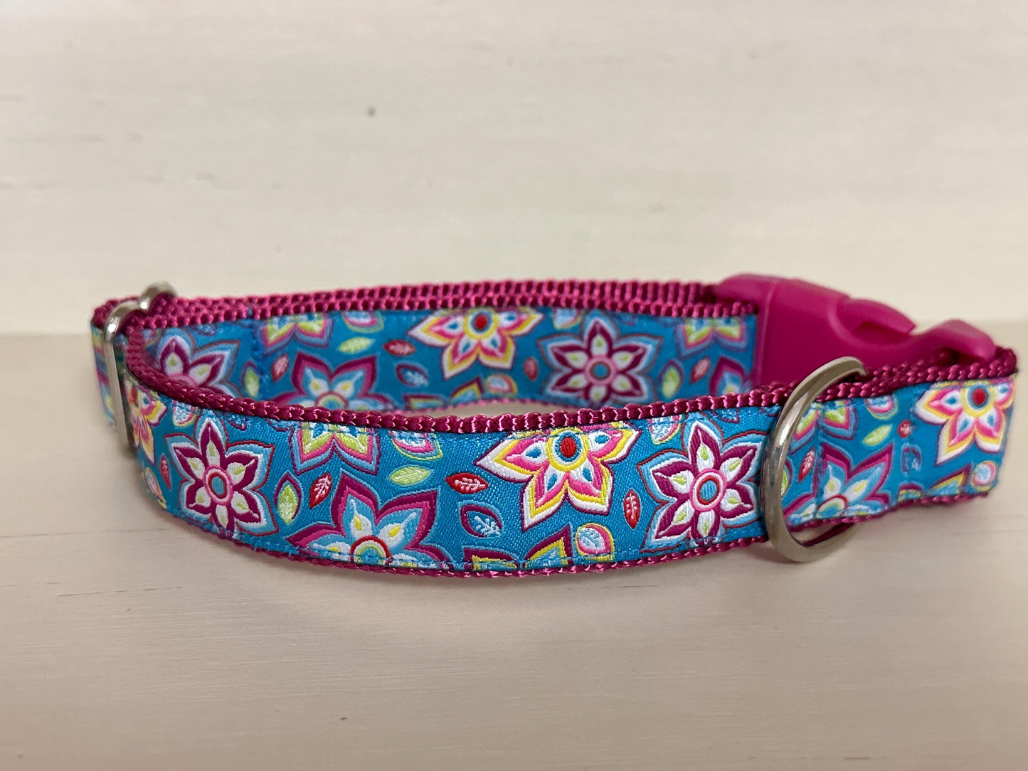 Turquoise Floral Dog Collar - Adjustable Quick Release Buckle