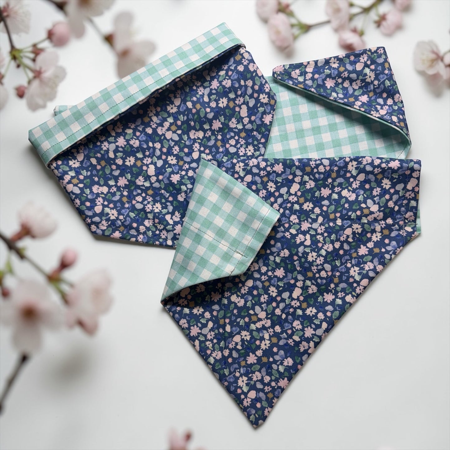 Gingham/Floral Dog Bandana Snap on Reversable /100% Cotton