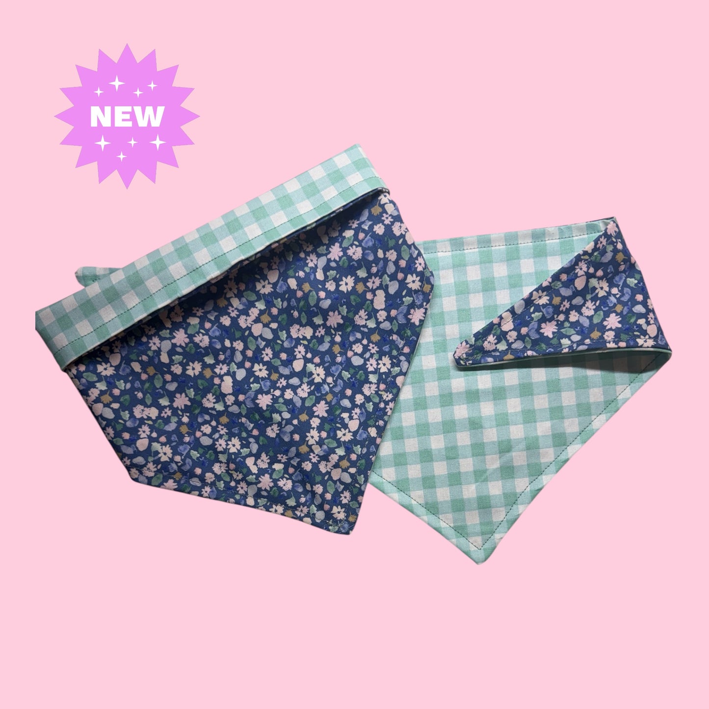 Gingham/Floral Dog Bandana Snap on Reversable /100% Cotton