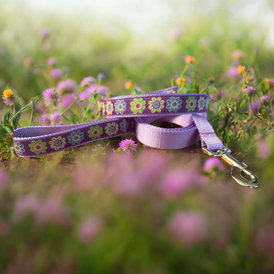 Purple Flowers Dog Collar & Leash Set – Optional Personalized Engraved Metal Buckle - Winni&Me Woofwear