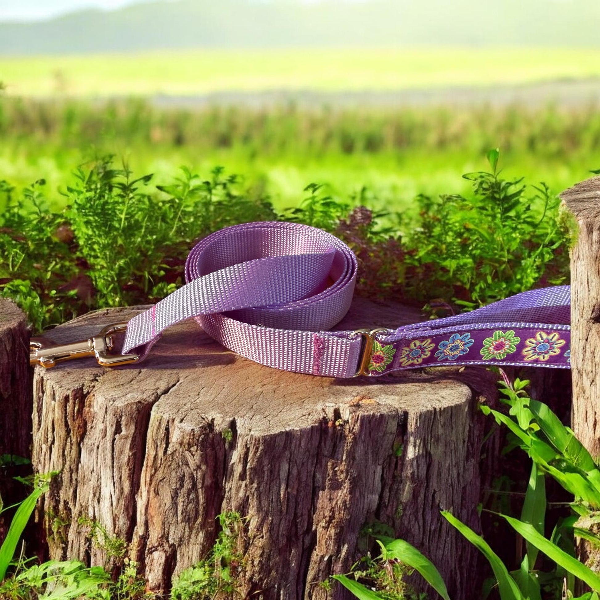 Purple Flowers Dog Collar & Leash Set – Optional Personalized Engraved Metal Buckle - Winni&Me Woofwear