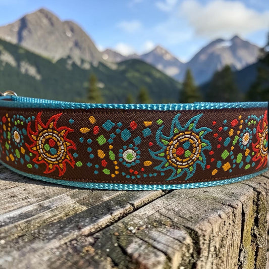 Brown collar with red, blue and orange suns on a blue nylon webbing                             