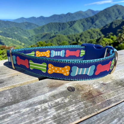 Bones on Blue Dog Collar - Dog Collars - Winni&Me Woofwear