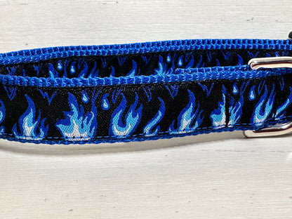Blue Flames on Black Dog Collar