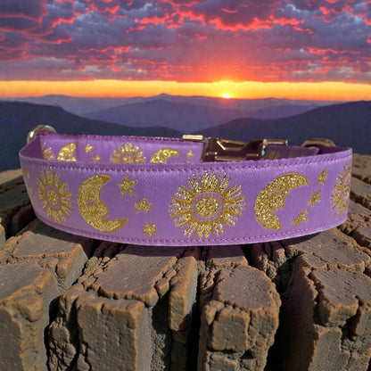Celestial Moon and Sun on Purple Dog Collar (Optional Personalized Engraved Metal Buckle) - Dog Collars - Winni&Me Woofwear