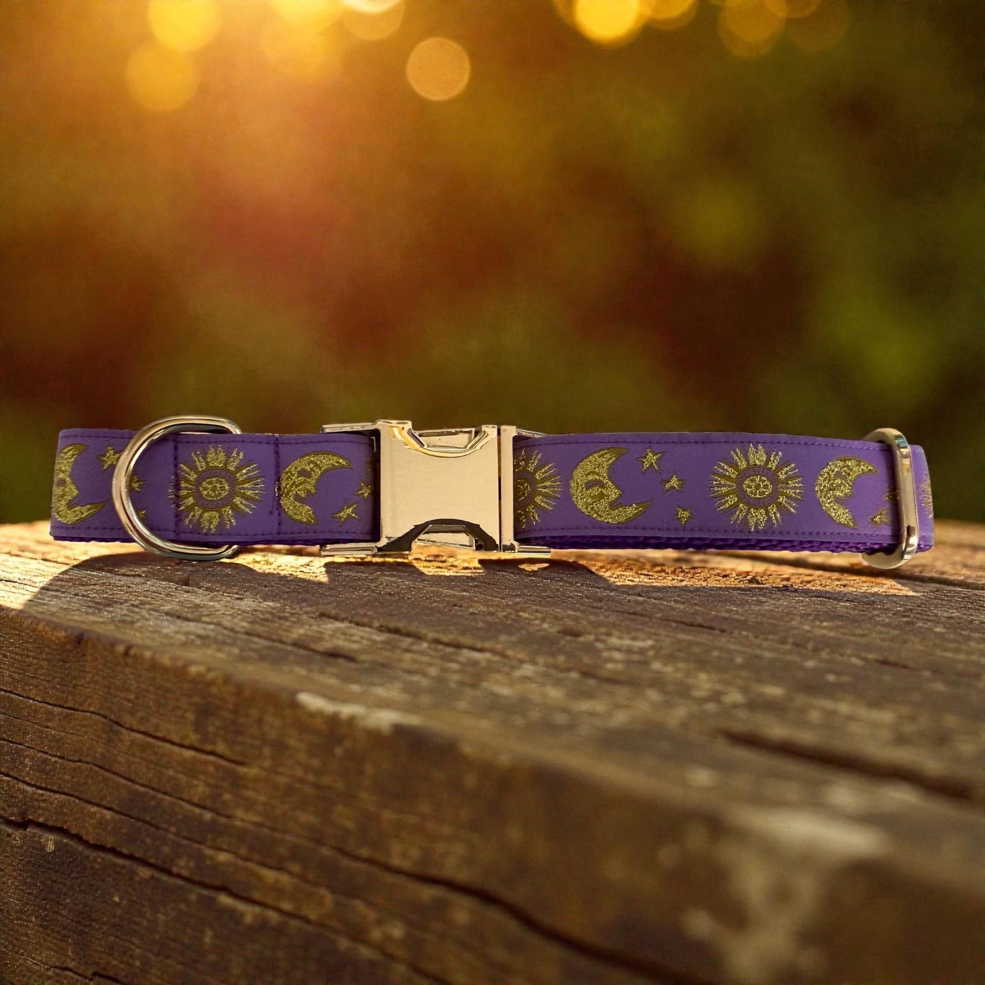Celestial Moon and Sun on Purple Dog Collar (Optional Personalized Engraved Metal Buckle) - Dog Collars - Winni&Me Woofwear