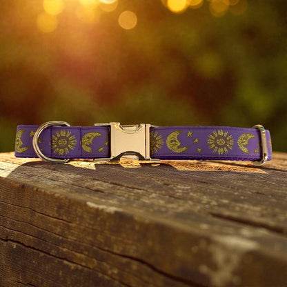 Celestial Moon and Sun on Purple Dog Collar (Optional Personalized Engraved Metal Buckle) - Dog Collars - Winni&Me Woofwear