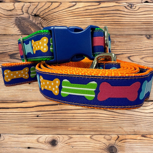 Bones on Blue Dog Collar & Leash Set - Winni&Me Woofwear
