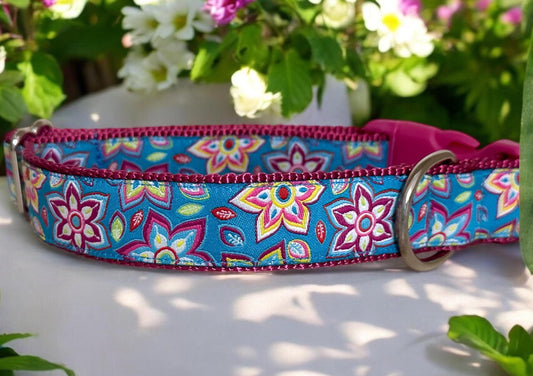 Turquoise Floral Dog Collar - Adjustable Quick Release Buckle