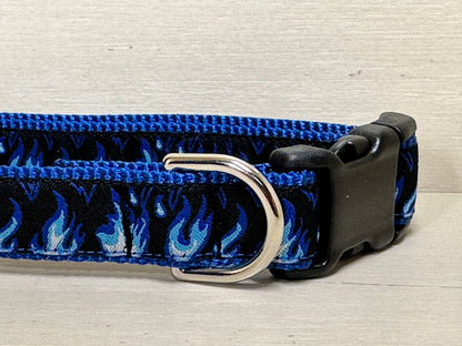 Blue Flames on Black Dog Collar
