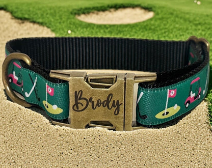 Handmade golf patterned dog collar with engraved metal buckle