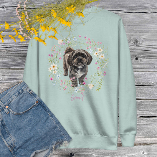 Custom Dog Portrait Sweatshirt – Mother’s Day Gift for Dog Moms | Cottagecore Wreath - Winni&Me Woofwear