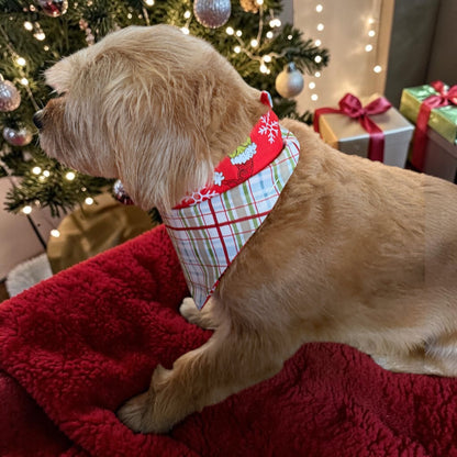 Winni&Me Woofwear Merry Grinchmas reversible dog bandana with Grinch print and Christmas plaid, worn by a small dog.